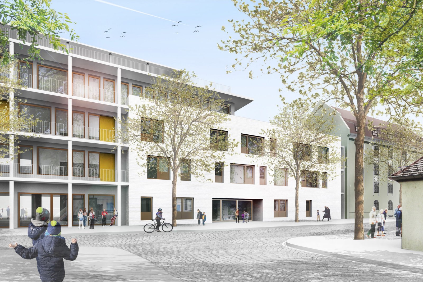 Architekturvisualisierung eines Schulgebäudes mit begrüntem Vorplatz