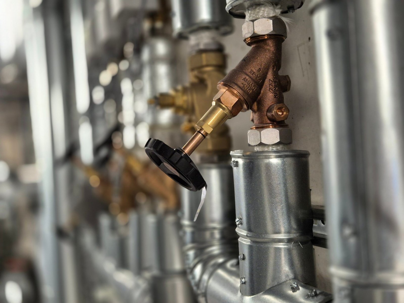 Absperr- und Regulierarmaturen an Trinkwasserleitungen in einer Technikzentrale