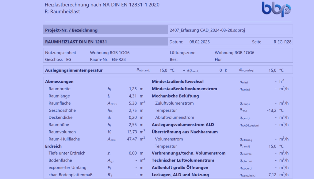 Raumweise Heizlastberechnung nach DIN EN 12831 – Datenblatt mit Abmessungen, Bauteilen und Auslegungstemperaturen je Raum