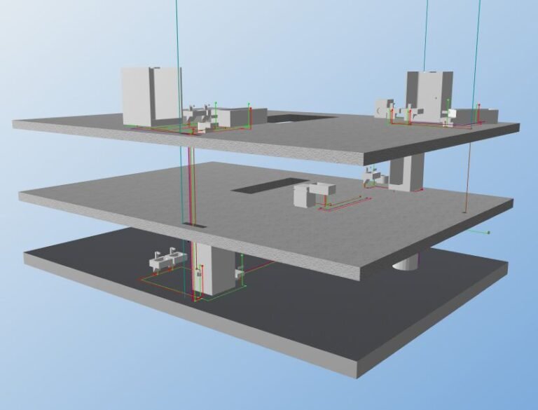 3D-Modell mit Sanitärschächten und Leitungen durch drei Geschossdecken