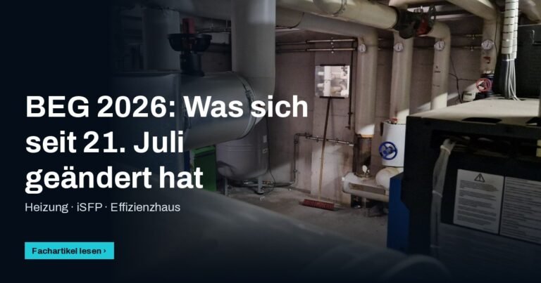 Heizungsraum mit Abgasleitung und Kessel, Titel „BEG 2026: Was sich seit 21. Juli geändert hat“