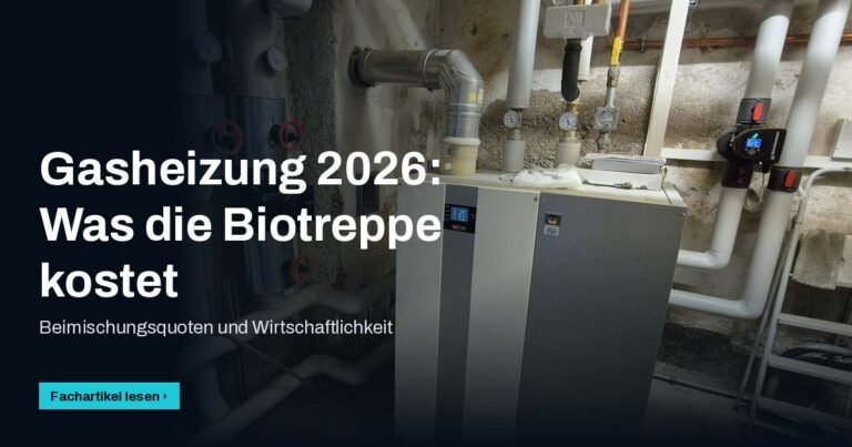Heizungsraum mit Gas-Brennwertgerät und Pumpengruppen, Titel „Gasheizung 2026: Was die Biotreppe kostet“