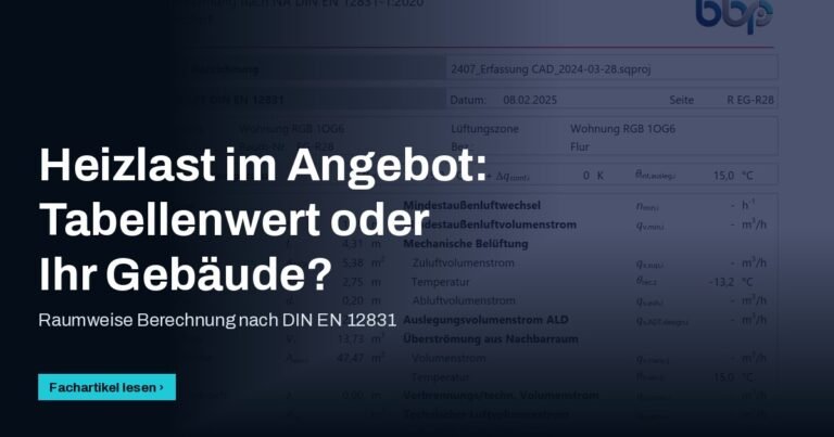Raumblatt einer Heizlastberechnung nach DIN EN 12831, Titel „Heizlast im Angebot: Tabellenwert oder Ihr Gebäude?“