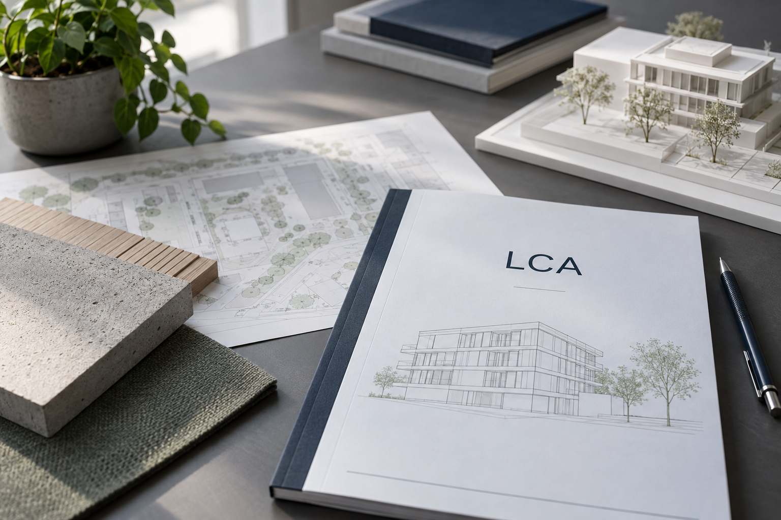 LCA-Bericht für ein Gebäude mit Lageplan, Gebäudemodell und Materialproben