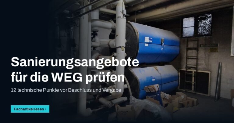 Heizzentrale mit Speichern und Rohrleitungen im Keller, Titel „Sanierungsangebote für die WEG prüfen“