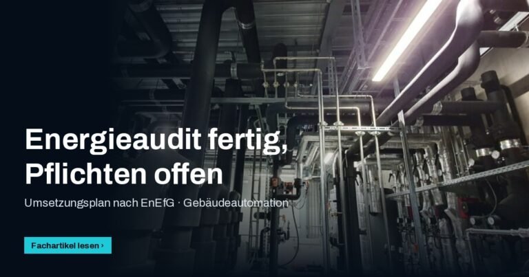 Technikzentrale mit gedämmten Rohrleitungen, Titel „Energieaudit fertig, Pflichten offen“