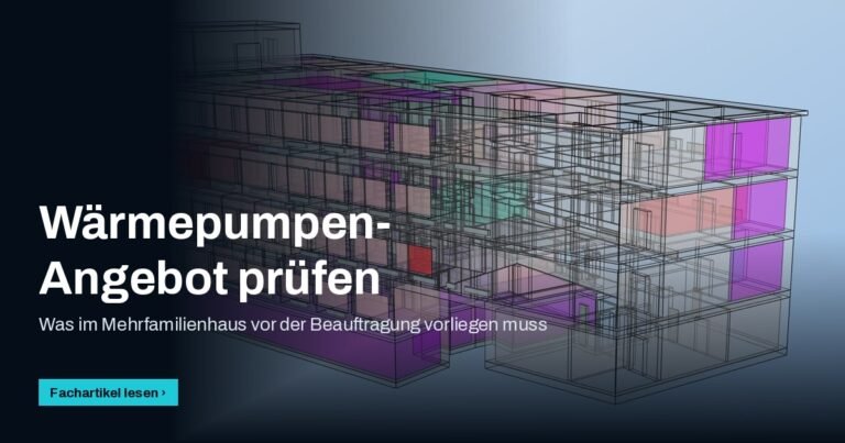 3D-Gebäudemodell mit Raumzonen, Titel „Wärmepumpen-Angebot prüfen“