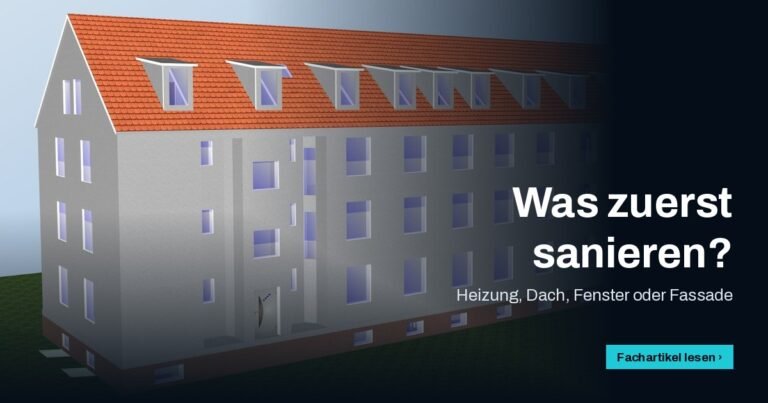 3D-Modell eines Mehrfamilienhauses mit Satteldach und Gauben, Titel „Was zuerst sanieren?“